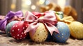 Happy easter. Multi-colored Easter eggs on the table to decorate the holiday. Traditions of Christianity. Symbol of the