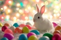 Happy easter multicolored Eggs Sorrowful Basket. White amusing Bunny jest. Baby blue background wallpaper