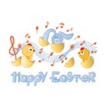 HAPPY EASTER. Musical greetings with chickens and rabbit. Royalty Free Stock Photo
