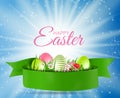 Happy Easter Natural Background with Eggs, grass, flower. Vector Illustration