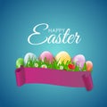 Happy Easter Natural Background with Eggs, grass, flower. Vector Illustration