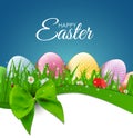 Happy Easter Natural Background with Eggs, grass, flower. Vector Illustration