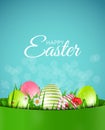 Happy Easter Natural Background with Eggs, grass, flower. Vector Illustration