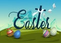 Happy Easter nature background with colorful patterned eggs and coss, cloth, flying dove. Greeting card stylish design. Invitation