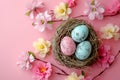 Happy easter Nature Eggs Eggspiring Bunny Basket. White Colorful Bunny Easter Sunday. red hyacinth background wallpaper Royalty Free Stock Photo