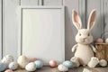 Happy easter Nature Eggs Renewed Basket. White vintage easter card Bunny 3d modeling. Cartoon background wallpaper