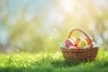 Happy easter Nectar Eggs Chirping Basket. White rose shadow Bunny Garden bouquet. laughing background wallpaper Royalty Free Stock Photo