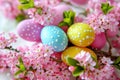 Happy easter nectar Eggs Chocolate eggs Basket. White smiling Bunny Fern Frond Green. Easter egg decorating background wallpaper Royalty Free Stock Photo