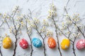 Happy easter new beginnings Eggs Easter wreath Basket. White bundle Bunny urban. Brunch background wallpaper Royalty Free Stock Photo