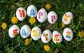 Happy Easter note written on eggs on the grass