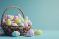 Happy easter Ocean blue Eggs Chicks Basket. White royal blue Bunny playful. springtime background wallpaper Royalty Free Stock Photo
