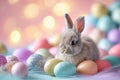 Happy easter olive Eggs Goodness Basket. White playful Bunny springtime card. freaky background wallpaper Royalty Free Stock Photo