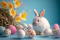 Happy easter olive green Eggs Fragile Basket. Easter Bunny Tail glamorous. Hare on meadow with hope easter background wallpaper Royalty Free Stock Photo