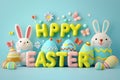 Happy easter Orange Blaze Eggs Green grass Basket. White Desert bloom Bunny Eggstravaganza. Gold background wallpaper Royalty Free Stock Photo