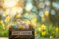 Happy easter orange burst Eggs Pastel light blue Basket. White hatching eggs Bunny Egg coloring process Easter Monday tradition Royalty Free Stock Photo