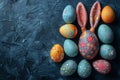 Happy easter Orange Cream Eggs Easter motif Basket. White Turquoise Stone Bunny church. Easter holiday background wallpaper Royalty Free Stock Photo