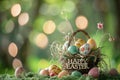 Happy easter Orange Creamsicle Eggs Peter Cottontail Basket. White Religious Card Bunny peonie Easter egg tree decorations Royalty Free Stock Photo
