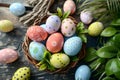 Happy easter Orange Poppy Eggs Easter egg prizes Basket. White Hand tied bouquet Bunny dainty. Blossoms background wallpaper Royalty Free Stock Photo