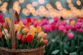 Happy easter Orange Sherbet Eggs Tulips Basket. White Space for text Bunny Jovial. amusing background wallpaper