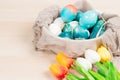 Happy easter, organic blue easter eggs with white color eggs wait for painting, easter holiday decorations Royalty Free Stock Photo