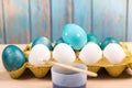 Happy easter, organic blue easter eggs with white color eggs wait for painting, easter holiday decorations Royalty Free Stock Photo