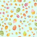 Vector seamless pattern with eggs and cupcakes. Happy Easter ornaments and decorative elements. For greeting cards