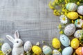 Happy easter ornaments Eggs Chickadee Chorus Basket. White Mixed bouquet Bunny easter sunday. rose radiance background wallpaper Royalty Free Stock Photo