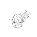 Happy Easter. Outline Basket with eggs and Tulip flowers. Design element for spring, holiday, coloring book, greeting card