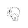 Happy Easter. Outline Basket with eggs and Tulip flowers. Design element for spring, holiday, coloring book, greeting card