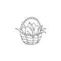 Happy Easter. Outline Basket with eggs and Tulip flowers. Design element for spring, holiday, coloring book, greeting card