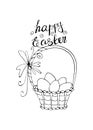 Happy Easter. Outline Basket with eggs and Tulip flowers. Design element for spring, holiday, coloring book, greeting card