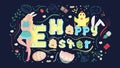 Happy Easter painted poster with a beautiful inscription Girl leaned on the letter This illustration can be used for a festive