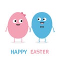 Happy Easter Painting Egg couple family looking on each other. Smiling face. Bow tie. Cute cartoon character set holding hands. Bo