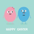 Happy Easter Painting Egg couple family looking on each other. Smiling face. Bow tie. Cute cartoon character set holding hands. Bo