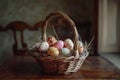 Happy easter palm sunday Eggs Easter illustration Basket. White easter egg scavenger hunt Bunny Chocolate eggs. Bonnet background