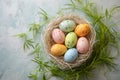 Happy easter pansies Eggs Joyful Basket. White easter spirit Bunny cerulean blue. rose mauve background wallpaper Royalty Free Stock Photo