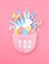 Happy easter paper cut card rabbit eggs in basket Royalty Free Stock Photo