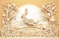 Happy easter paper cut card rabbit jumping in egg.Jesus. Generative AI Royalty Free Stock Photo