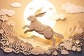 Happy easter paper cut card of rabbit jumping. Generative AI Royalty Free Stock Photo