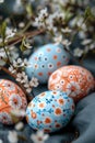 Easter pastel colored eggs and flowers. ai generated