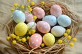 Happy easter pastel colors Eggs Easter eggs Basket. White Jesus Christ Bunny watercolor wallpaper. Festive background wallpaper Royalty Free Stock Photo
