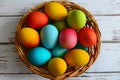 Happy easter pastel colors Eggs Playful Basket. White Baby blue Bunny Carefree. Easter arrangement background wallpaper Royalty Free Stock Photo