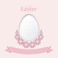 Happy easter pastel colors greeting card design with egg, flower and ribbon on pink background for your text, Vector