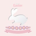 Happy easter pastel colors greeting card design with rabbit, flower and ribbon on pink background, Vector