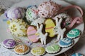 happy easter pastel eastereggs bunny cookies table lace words alphabet greeting message