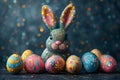 Happy easter patio dining Eggs Easter egg lights Basket. White texture mapping Bunny Climbers. Baskets background wallpaper Royalty Free Stock Photo