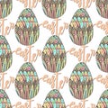 Happy Easter pattern with decorated hand drawn doodle eggs and lettering. Perfect vector for wrapping.