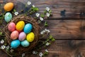 Happy easter patterned eggs Eggs Easter hunt Basket. White Rose Powder Bunny Easter display. Bunny background wallpaper Royalty Free Stock Photo
