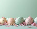 Easter party concept. Top view photo of easter bunny ears white pink blue and yellow eggs on isolated pastel blue background with Royalty Free Stock Photo