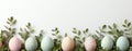 Easter party concept. Top view photo of easter bunny ears white pink blue and yellow eggs on isolated pastel blue background with Royalty Free Stock Photo